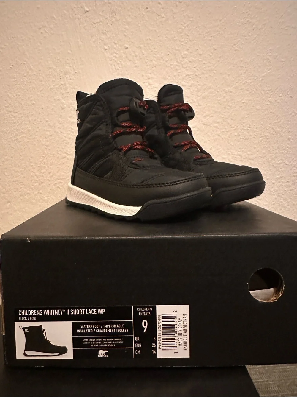 Sorel Kids Black Boots with Red Accent Laces